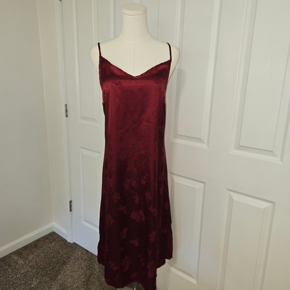 See You Monday Slip Dress Women Small Burgundy Floral Jacquard Satin Midi V-Neck